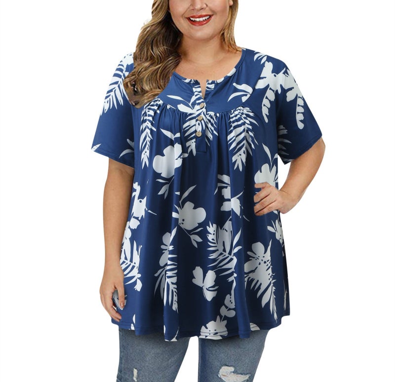 wish cross-border Women''s top 2023 spring and summer New independent station V-neck button plus size printed T-shirt - Image 5
