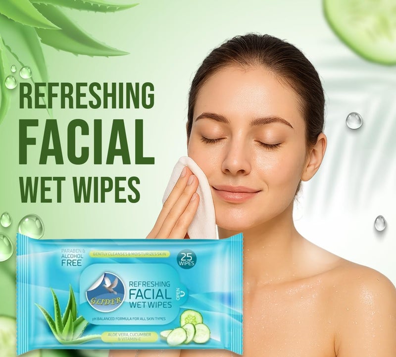 Glider Face Cleansing Wipes | Hydrating & Moisturizing Facial Wipes with Cucumber, Aloe Vera & Vitamin E | 25 Wipes (Pack of 3 – 75 Wipes) - Image 2