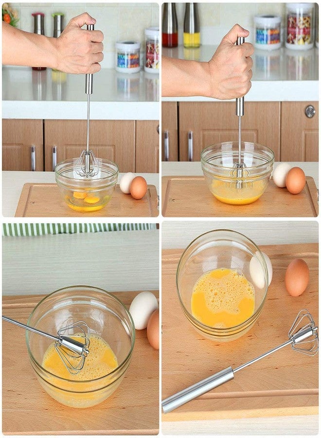 Akshify Stainless Steel Hand Whisk, 25cm Rotary Push Mixer, Manual Egg Beater for Kitchen, Baking, Coffee, Cream - Image 3