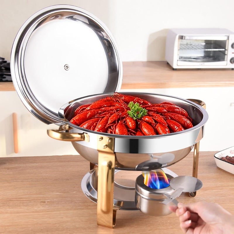 Chafing Dishes for Buffet, 4.5L Round Stainless Steel Buffet Food Warmer Set with Triangular Base for Party Events Restaurants, Gold Silver Color - Image 2
