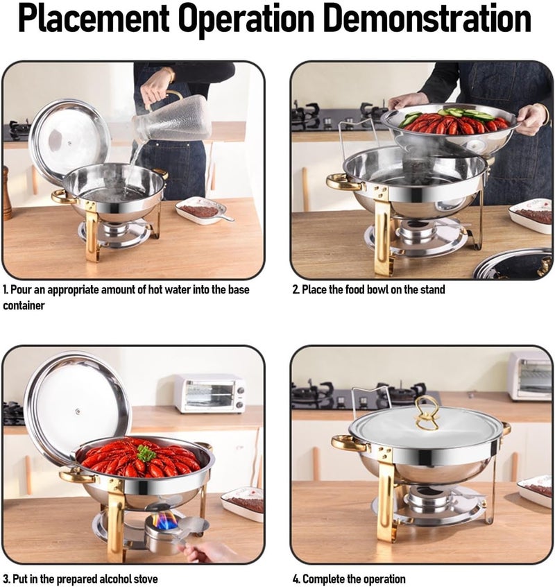 Chafing Dishes for Buffet, 4.5L Round Stainless Steel Buffet Food Warmer Set with Triangular Base for Party Events Restaurants, Gold Silver Color - Image 4