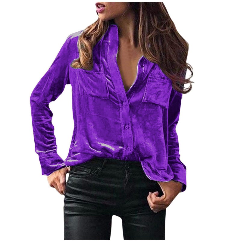 in stock Europe and the United States cross-border Amazon pocket shirt blouse solid color temperament long sleeve single breasted shirt women Violet