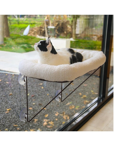 Cat Window Perch - 100% Metal Supported from Below - Comes with Warm Spacious Pet Bed - Cat Window Hammock for Large Cats & Kittens - for Sunbathing, Napping & Overlooking (White)