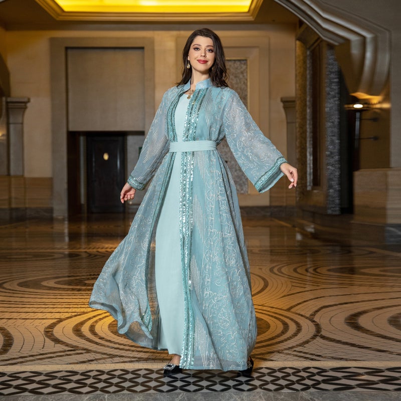 AB333 Cross Border Middle East Muslim Robe Two-Piece Set with Belt Dubai dress Elegant Cardigan Maxi Dress - Image 5