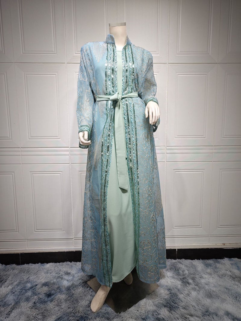 AB333 Cross Border Middle East Muslim Robe Two-Piece Set with Belt Dubai dress Elegant Cardigan Maxi Dress - Image 1