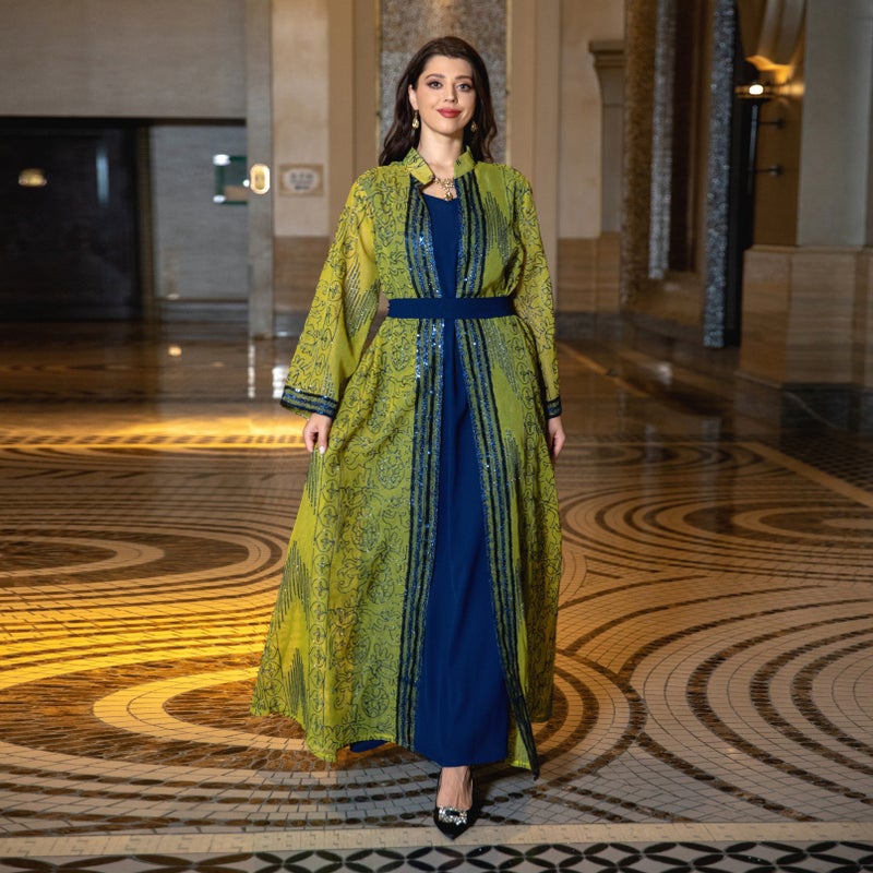 AB333 Cross Border Middle East Muslim Robe Two-Piece Set with Belt Dubai dress Elegant Cardigan Maxi Dress - Image 4