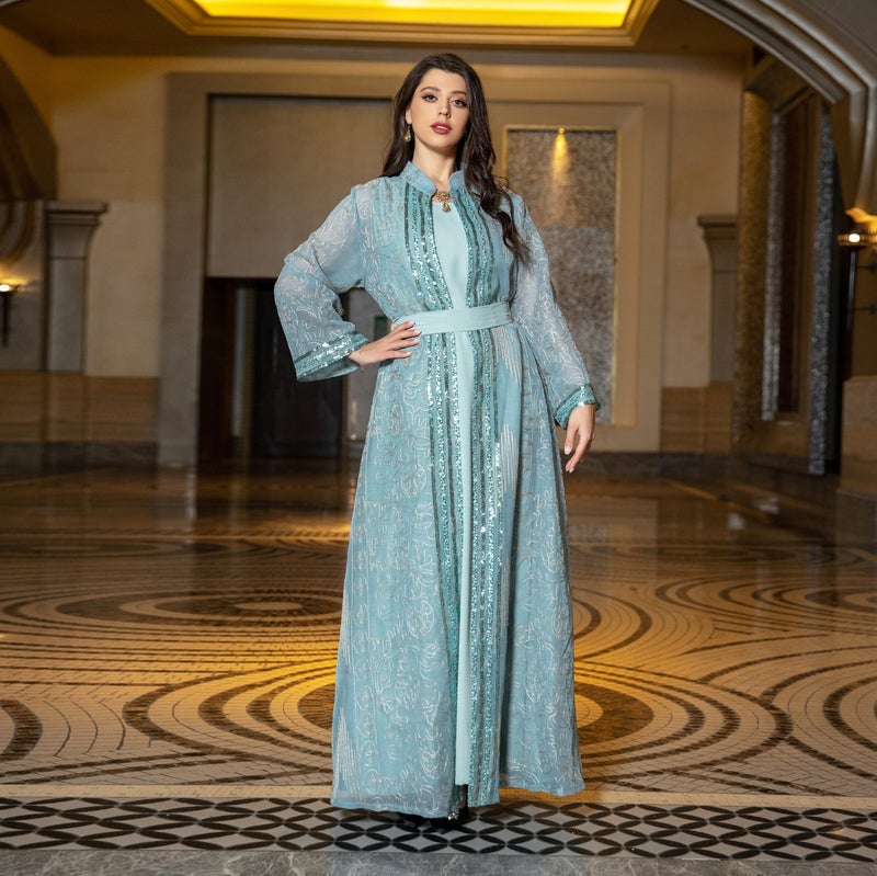 AB333 Cross Border Middle East Muslim Robe Two-Piece Set with Belt Dubai dress Elegant Cardigan Maxi Dress - Image 3
