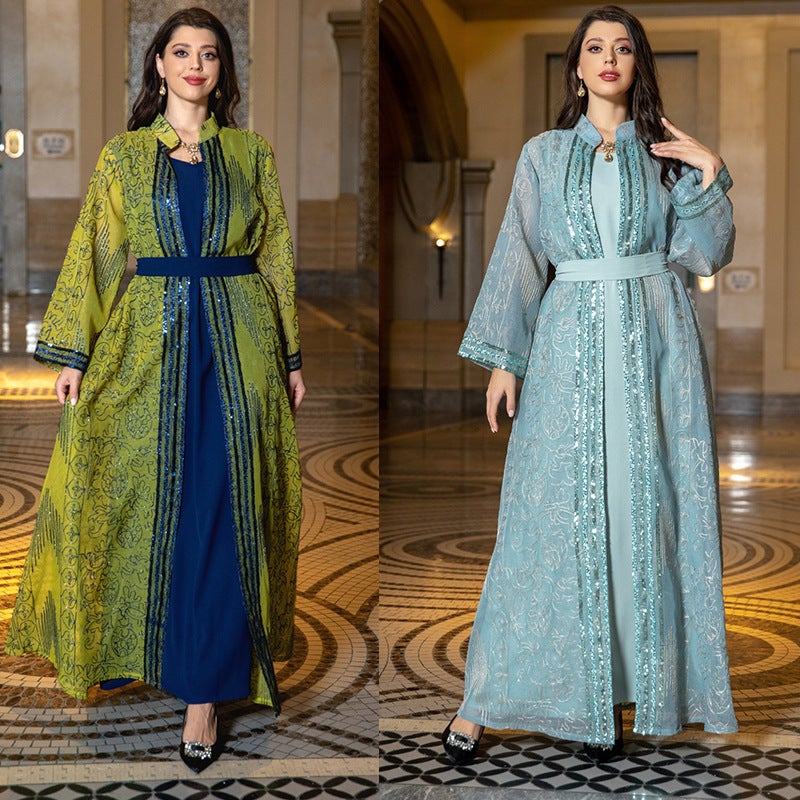 AB333 Cross Border Middle East Muslim Robe Two-Piece Set with Belt Dubai dress Elegant Cardigan Maxi Dress - Image 2