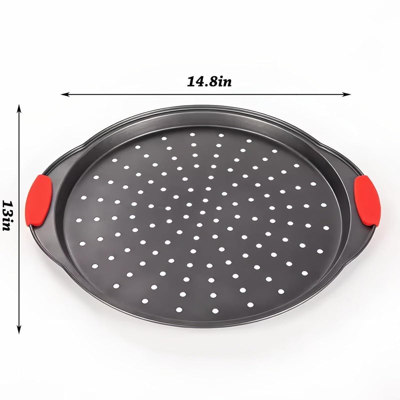 ZOEHROWS 13 Inch Pizza Pan for Oven (2 Pack) Round Pizza Pan with Holes - Non-Stick Carbon Steel Pizza Tray with Silicone Handles - for Cooking, Baking, and Grilling - Dishwasher Safe - Image 2