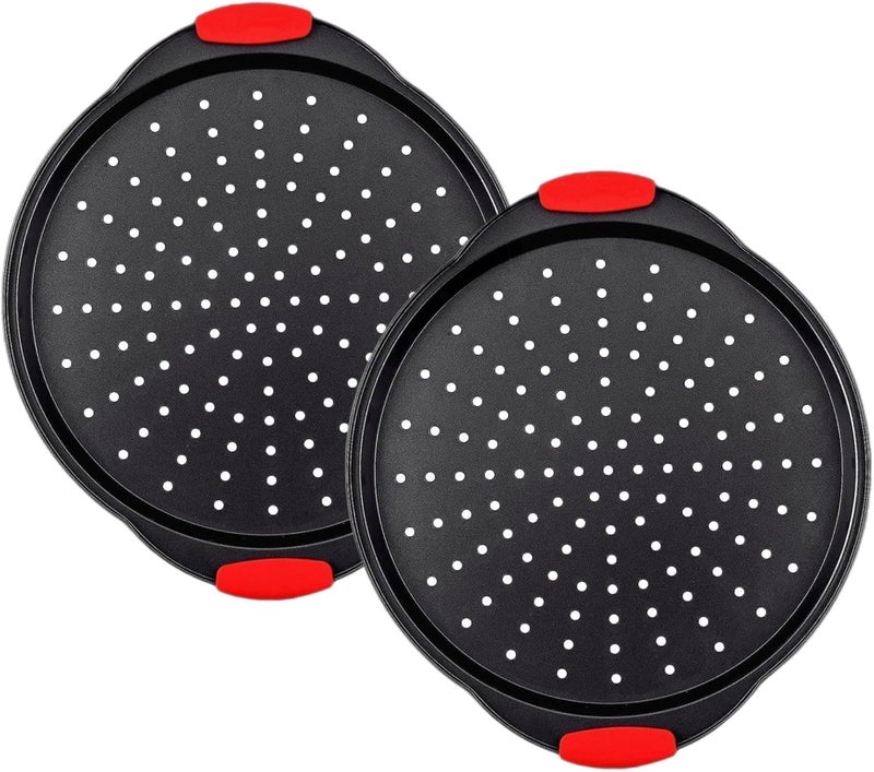 ZOEHROWS 13 Inch Pizza Pan for Oven (2 Pack) Round Pizza Pan with Holes - Non-Stick Carbon Steel Pizza Tray with Silicone Handles - for Cooking, Baking, and Grilling - Dishwasher Safe - Image 1