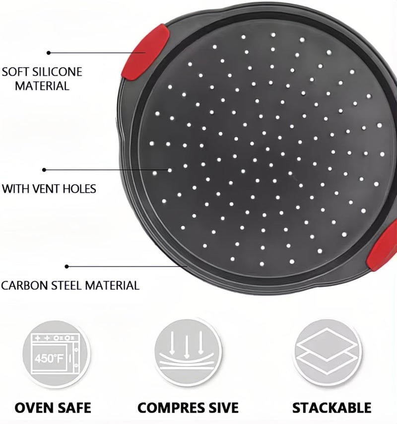 ZOEHROWS 13 Inch Pizza Pan for Oven (2 Pack) Round Pizza Pan with Holes - Non-Stick Carbon Steel Pizza Tray with Silicone Handles - for Cooking, Baking, and Grilling - Dishwasher Safe - Image 4
