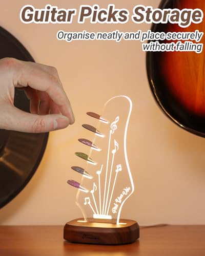 Onmiwod Light Up Guitar Pick Holder with 6 Guitar Picks, Acacia Wood & Acrylic Guitar Headstock Shaped Pick Holder Case for Guitar Pick Storage & Display, Guitar Music Accessories Gift for Guitar Lover Player - Image 3