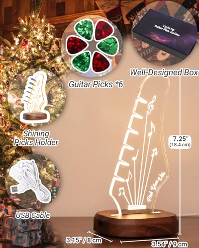 Onmiwod Light Up Guitar Pick Holder with 6 Guitar Picks, Acacia Wood & Acrylic Guitar Headstock Shaped Pick Holder Case for Guitar Pick Storage & Display, Guitar Music Accessories Gift for Guitar Lover Player - Image 2