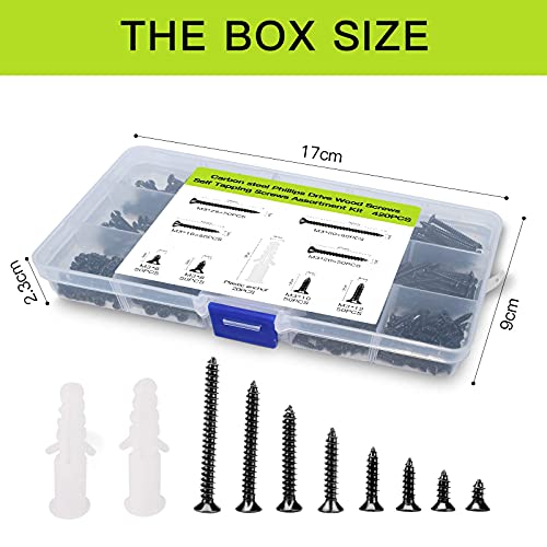JERLITU M3 Flat Head Wood Screws Assortment Fasteners Kit 420pcs,Phillips Drive Countersunk Head Self-Tapping Screws,Carbon Steel,Contains 20pcs M6 Screw Anchors - Image 5