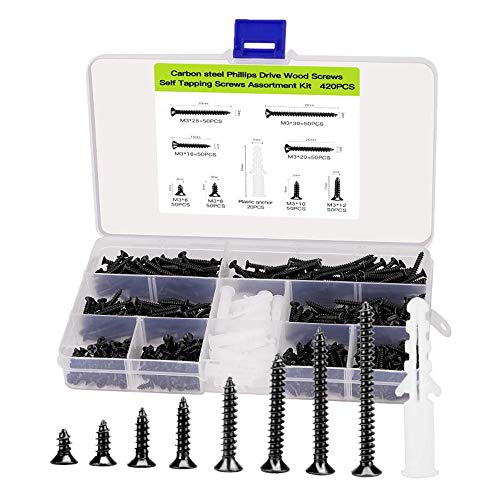 JERLITU M3 Flat Head Wood Screws Assortment Fasteners Kit 420pcs,Phillips Drive Countersunk Head Self-Tapping Screws,Carbon Steel,Contains 20pcs M6 Screw Anchors - Image 1