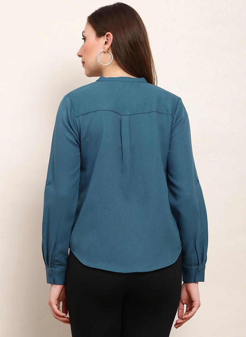 Globus Women's Teal Curved Hem Formal Shirt with Mandarin Collar and Pleated Detail - Image 4