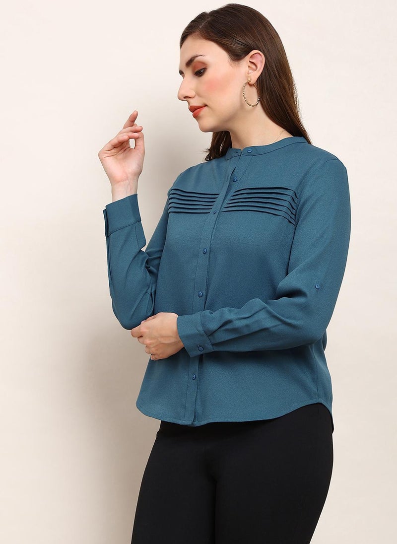 Globus Women's Teal Curved Hem Formal Shirt with Mandarin Collar and Pleated Detail - Image 3