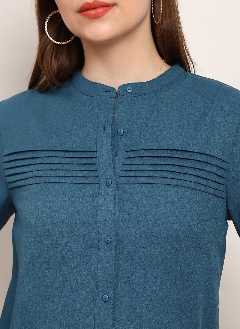 Globus Women's Teal Curved Hem Formal Shirt with Mandarin Collar and Pleated Detail - Image 5