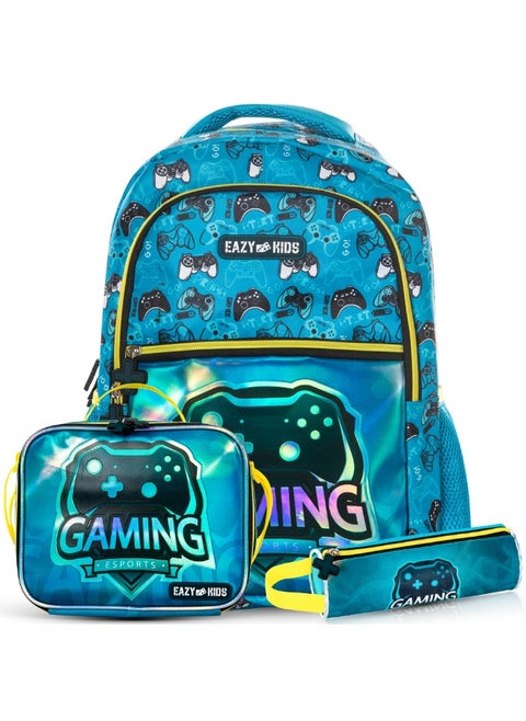 Eazy Kids 16" Set of 3 Backpack w/ Lunch Bag and Pencil Case - Gaming