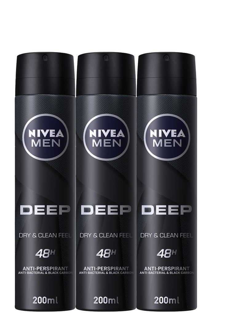 Nivea Antiperspirant Spray Deep Black Carbon Woody Scent Pack of 3 - Image 1
