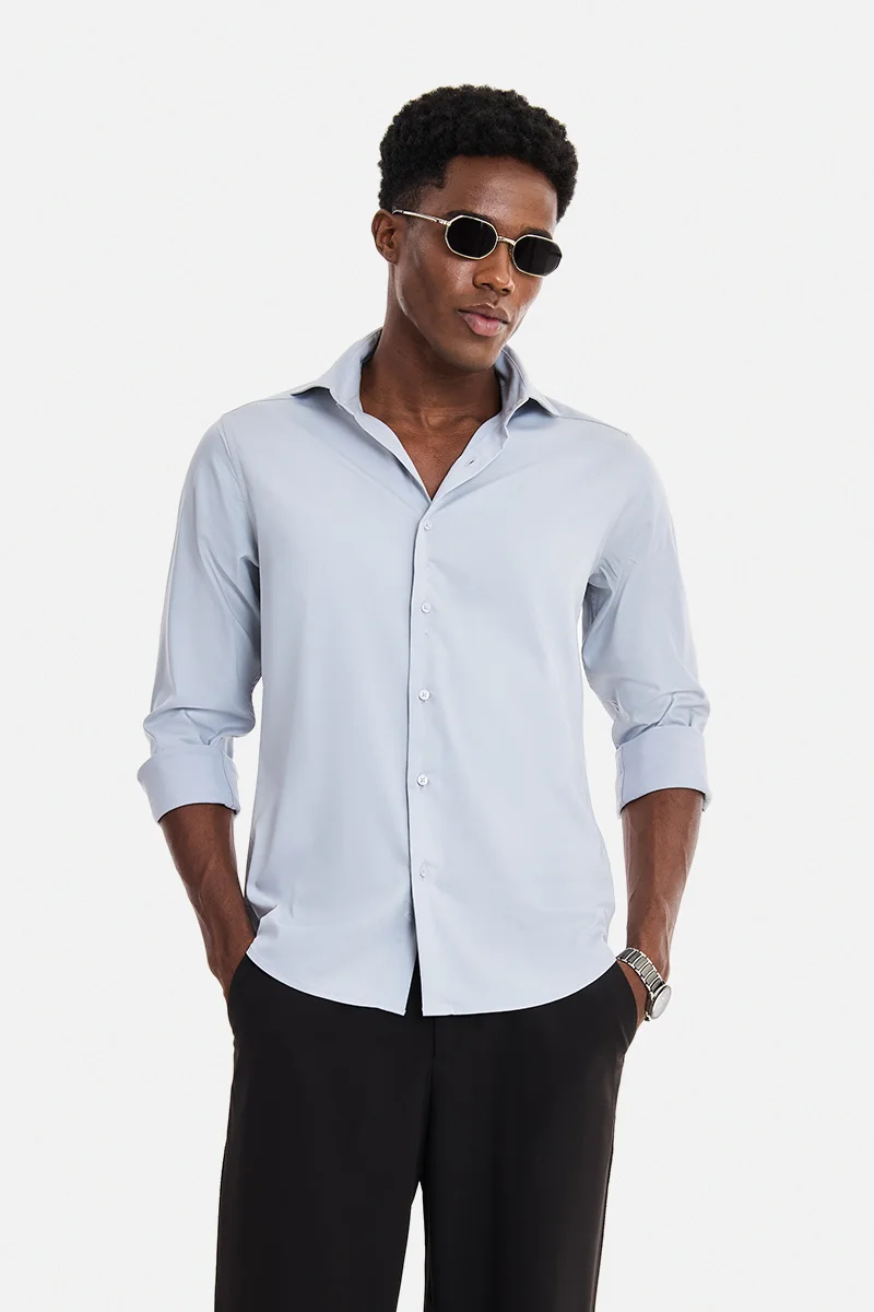 SNITCH Light Grey Solid Long Sleeve Slim Fit Formal Shirt