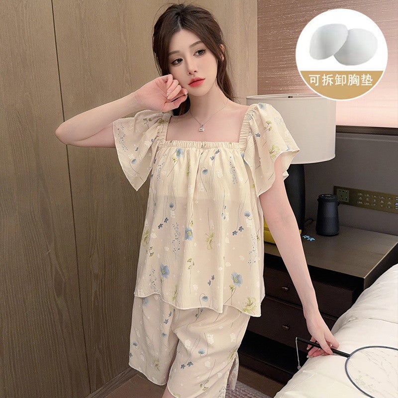 Cloud Cotton Womens Summer Pajamas Square Collar Short Sleeves Removable Chest Pad Sweet Home Clothes Suitable For Outerwear 960#  - Image 2