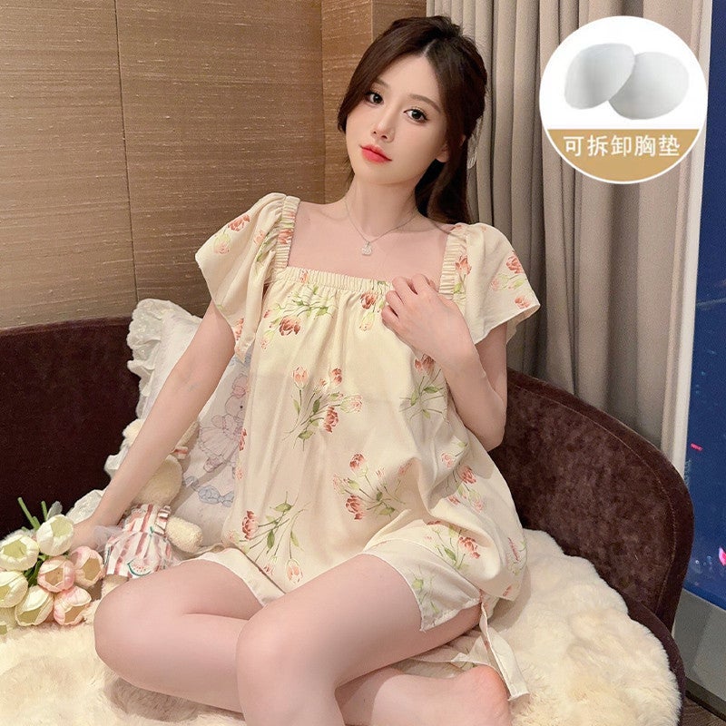 Cloud Cotton Womens Summer Pajamas Square Collar Short Sleeves Removable Chest Pad Sweet Home Clothes Suitable For Outerwear 960#  - Image 1