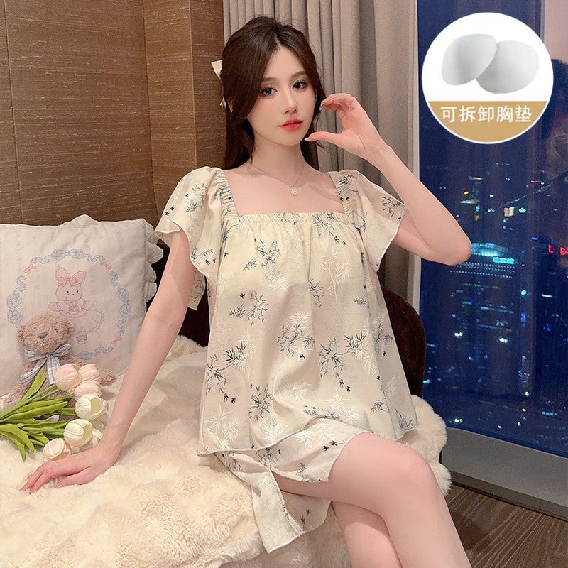 Cloud Cotton Womens Summer Pajamas Square Collar Short Sleeves Removable Chest Pad Sweet Home Clothes Suitable For Outerwear 960#  - Image 3
