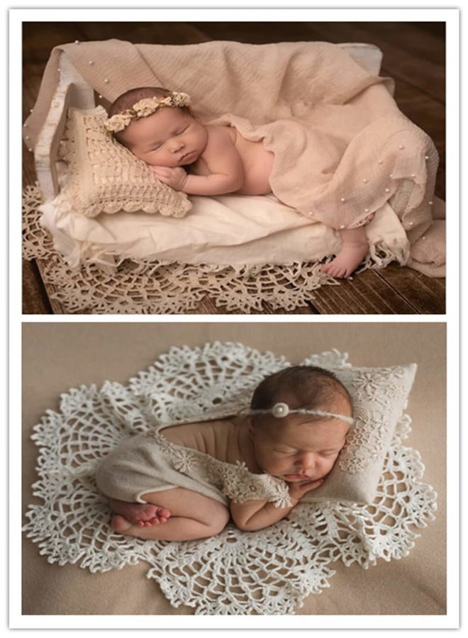 Vedory Baby Photography Props Wrap Mat Newborn Boy Girl Photo Shoot Pillow with Lace Wrap Mat Photography Shoot (White) - Image 4