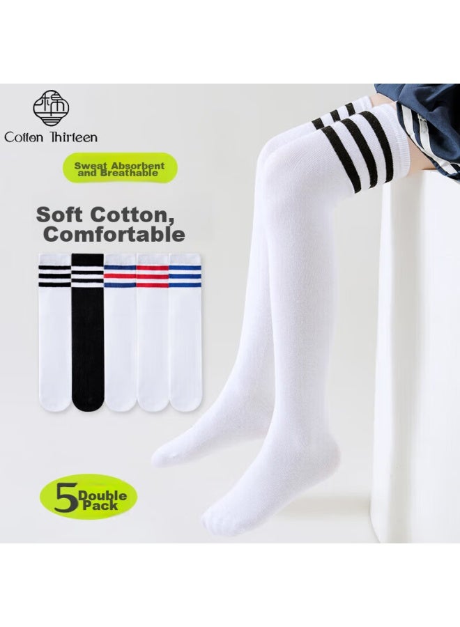 Cotton Thirteen Mianshisan جوارب أطفال، جوارب طويلة للخريف والشتاء، جوارب بنات ، جوارب طويلة للأطفال الأكبر سنًا، 5 أزواج - Image 1