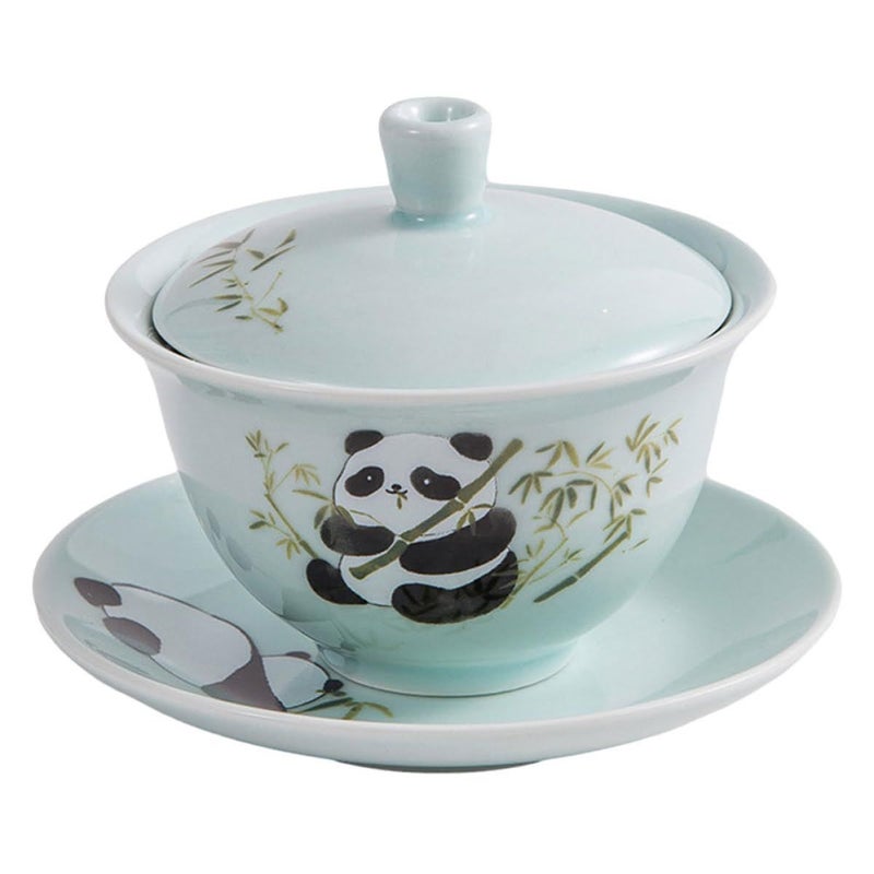 Light Green Ceramic Tea Cup Set with Lid and Saucer Cute Panda Mug for Home Office - Image 2