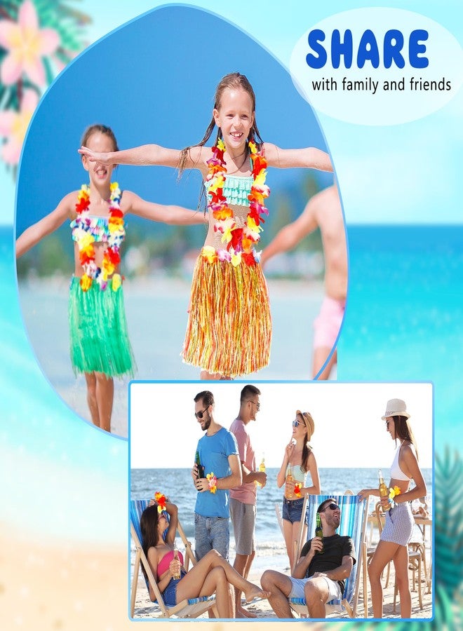 Feradny 14 Pieces Girl's Hawaiian Hula Grass Skirt with Flowers Costume Set Flower Bracelet Hair Clip Hawaiian Outfit for Luau Tropical Beach Party - Image 5