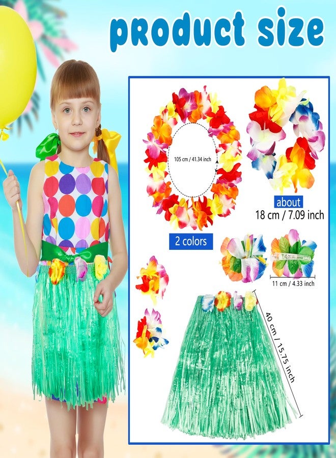 Feradny 14 Pieces Girl's Hawaiian Hula Grass Skirt with Flowers Costume Set Flower Bracelet Hair Clip Hawaiian Outfit for Luau Tropical Beach Party - Image 2
