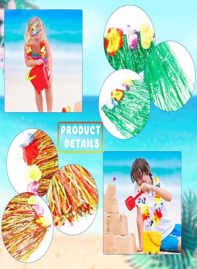 Feradny 14 Pieces Girl's Hawaiian Hula Grass Skirt with Flowers Costume Set Flower Bracelet Hair Clip Hawaiian Outfit for Luau Tropical Beach Party - Image 3