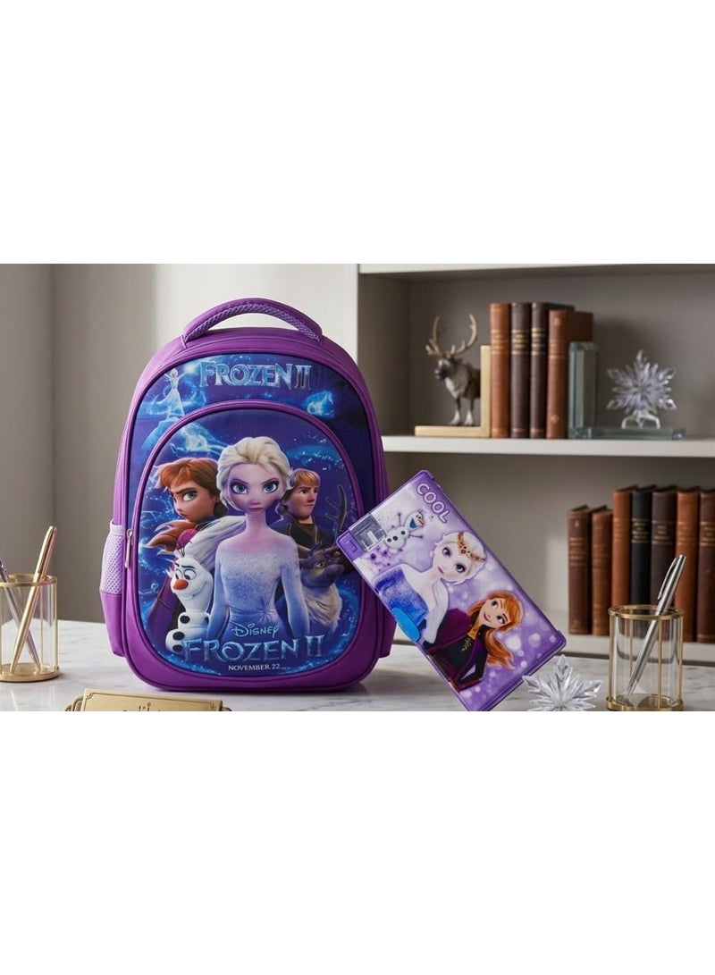 School supplies set featuring cartoon characters: includes a school bag and a pencil case.