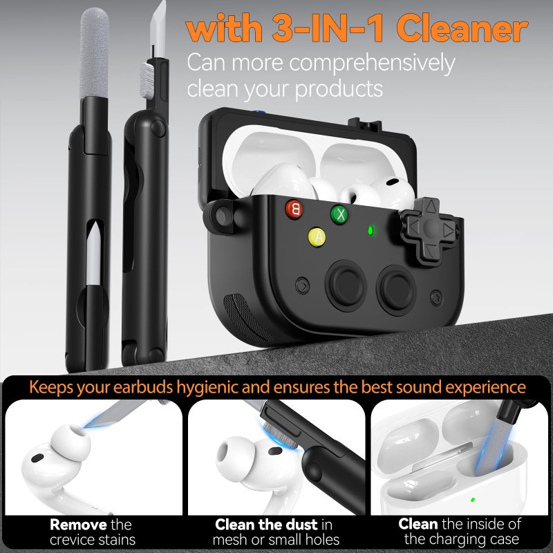 Joremx for AirPods Pro 3 Case - with Cleaner Kit, Secure Lock Hard Shell Protective Cases for Apple AirPods Pro 3rd Generation, 2025 Cool Funny Game Console iPod Case Cover for Men Women Gift (Black) - Image 3