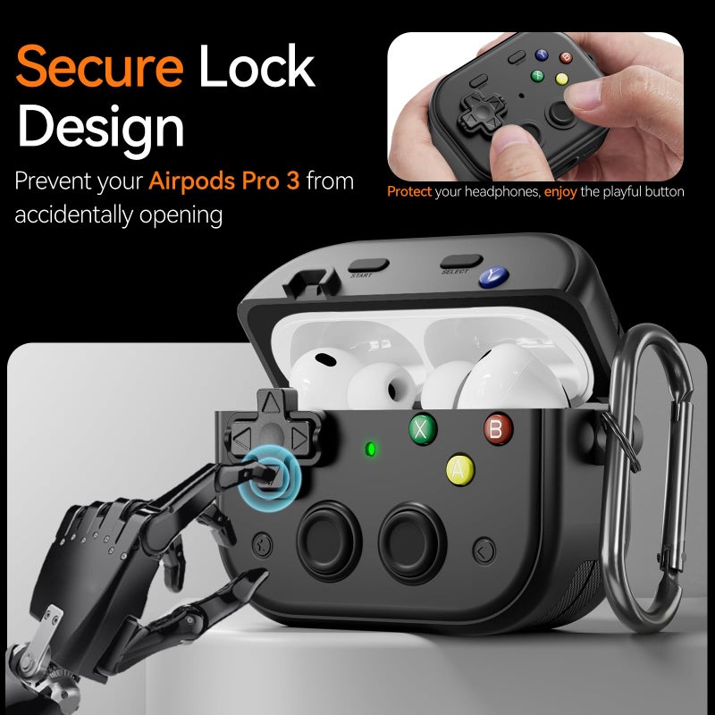 Joremx for AirPods Pro 3 Case - with Cleaner Kit, Secure Lock Hard Shell Protective Cases for Apple AirPods Pro 3rd Generation, 2025 Cool Funny Game Console iPod Case Cover for Men Women Gift (Black) - Image 4