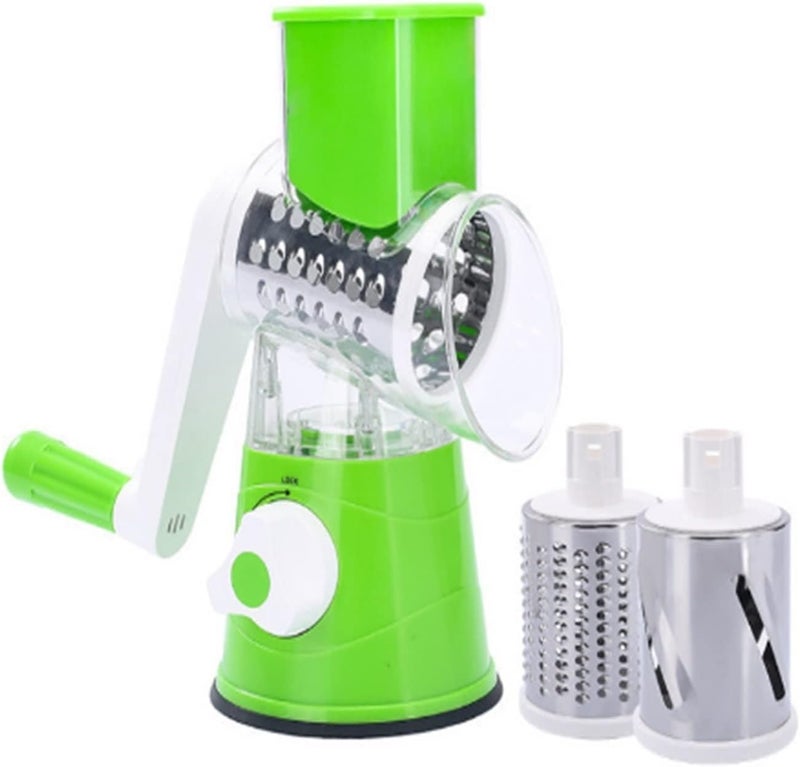 Derovan 3‑in‑1 Green Rotary Cheese & Vegetable Grater – Manual Hand-Crank Mandoline with Suction Base, 3 Stainless Steel Drum Blades, Safety Food Pusher & Easy-Clean Design - Image 1