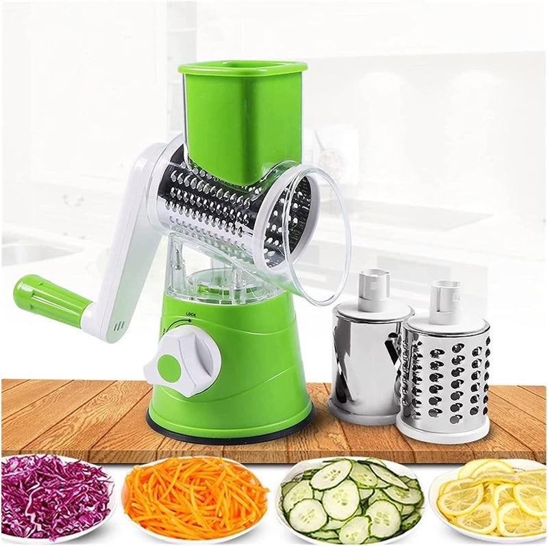 Derovan 3‑in‑1 Green Rotary Cheese & Vegetable Grater – Manual Hand-Crank Mandoline with Suction Base, 3 Stainless Steel Drum Blades, Safety Food Pusher & Easy-Clean Design - Image 2