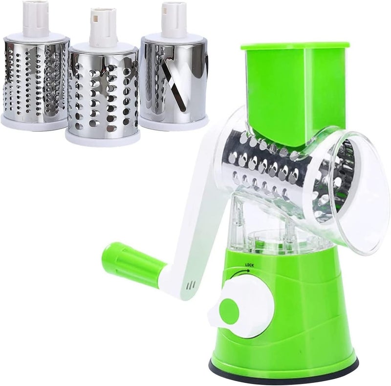 Derovan 3‑in‑1 Green Rotary Cheese & Vegetable Grater – Manual Hand-Crank Mandoline with Suction Base, 3 Stainless Steel Drum Blades, Safety Food Pusher & Easy-Clean Design - Image 5