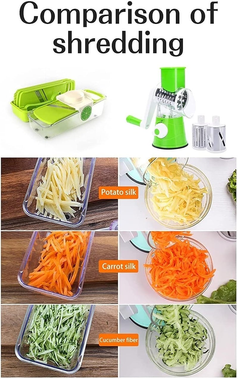 Derovan 3‑in‑1 Green Rotary Cheese & Vegetable Grater – Manual Hand-Crank Mandoline with Suction Base, 3 Stainless Steel Drum Blades, Safety Food Pusher & Easy-Clean Design - Image 4