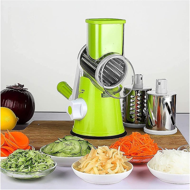 Derovan 3‑in‑1 Green Rotary Cheese & Vegetable Grater – Manual Hand-Crank Mandoline with Suction Base, 3 Stainless Steel Drum Blades, Safety Food Pusher & Easy-Clean Design - Image 3