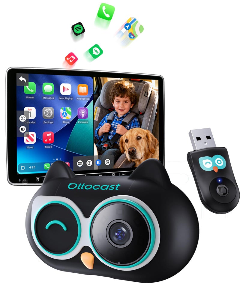 OTTOCAST Cabin Care Car Adapter with Baby Car Camera Wireless CarPlay Display on CarScreen 2026 PlugandPlay 1080P HD Rear Seat Baby Monitor Split Screen Navigation for Parents Pet Owners - Image 2