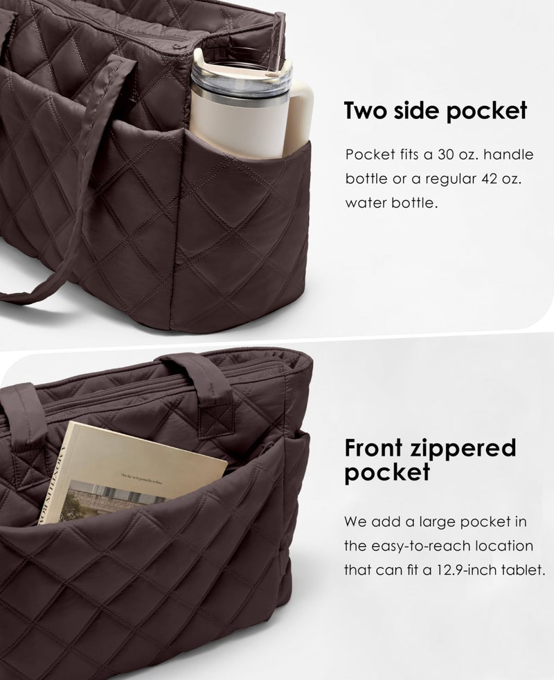 Uselike Tote Bag for Women, Lightweight Puffer Tote Work Bags with Compartments for Travel, Quilted Shoulder Bag with Zipper (Dark Brown) - Image 3