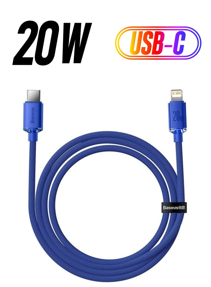 بيسوس كابل كريستال شاين سيريس سريع الشحن بمنفذ USB-C إلى Lightning وتقنية PD (بطول 1.2 م) وقدرة 20 وات مناسب لأبل آيفون 13/ 12/ 11/ برو/ ماكس/ ميني/ SE/ آي باد/ آيربودز والكثير غير ذلك أزرق - Image 1