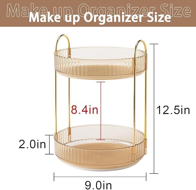 Xpandio Rotating Makeup Organizer for Vanity, High-Capacity Skincare Clear Make Up Storage Perfume Organizers Cosmetic Dresser Organizer Countertop 360 Spinning (Amber Gold, 2 Tier) - Image 2
