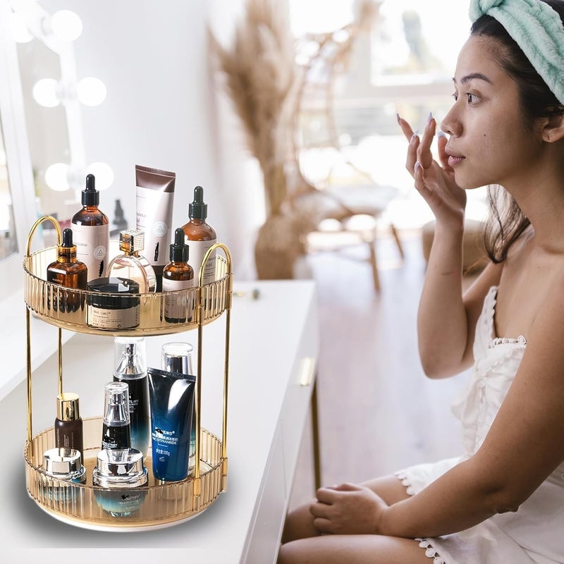 Xpandio Rotating Makeup Organizer for Vanity, High-Capacity Skincare Clear Make Up Storage Perfume Organizers Cosmetic Dresser Organizer Countertop 360 Spinning (Amber Gold, 2 Tier) - Image 5