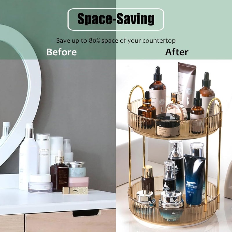 Xpandio Rotating Makeup Organizer for Vanity, High-Capacity Skincare Clear Make Up Storage Perfume Organizers Cosmetic Dresser Organizer Countertop 360 Spinning (Amber Gold, 2 Tier) - Image 4