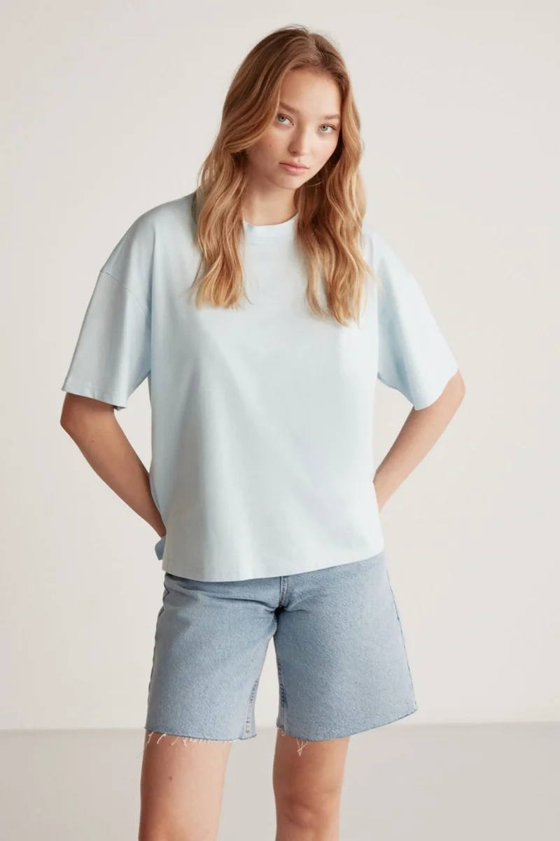 GRIMELANGE Jemmy Women's Basic Jersey Woven Relaxed 100% Organic Cotton Light Blue T-shirt
