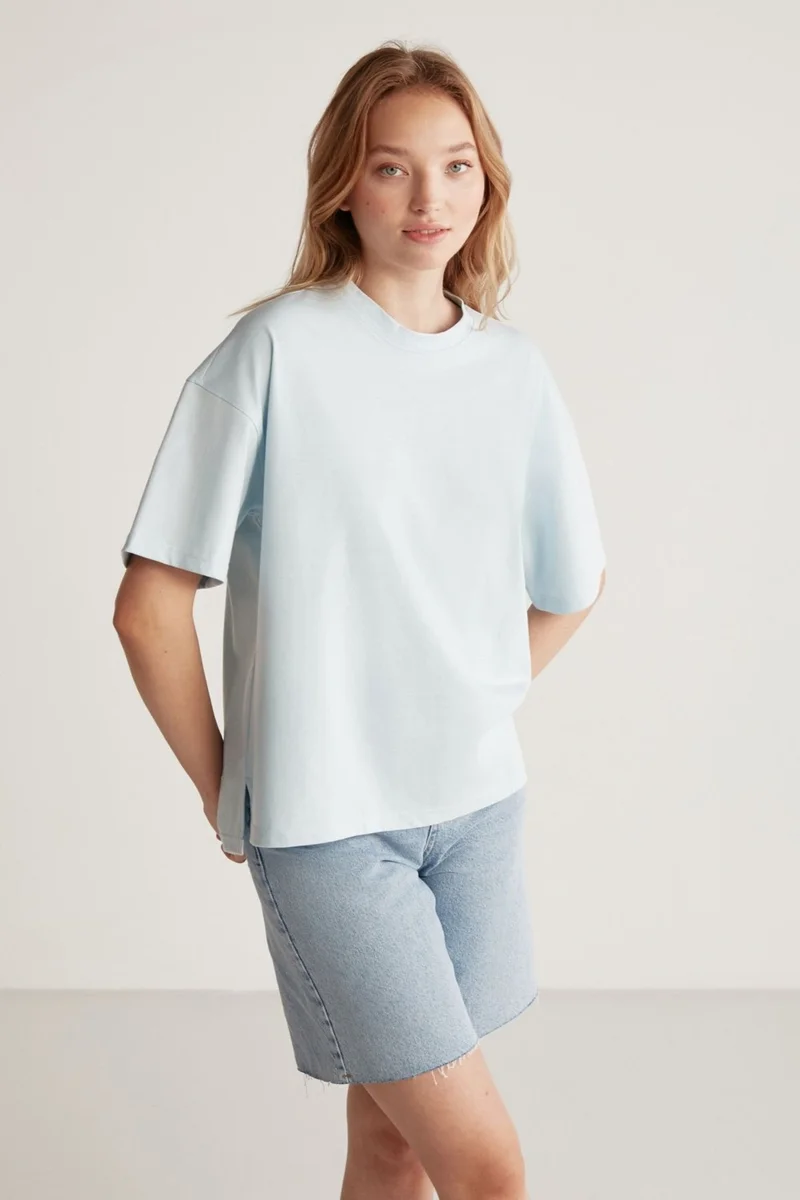 GRIMELANGE Jemmy Women's Basic Jersey Woven Relaxed 100% Organic Cotton Light Blue T-shirt